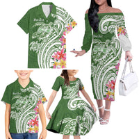 Aloha Molokai Island Personalized Family Matching Off The Shoulder Long Sleeve Dress and Hawaiian Shirt Sage Dreamy Turtle