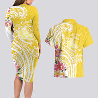 Aloha Oahu Island Personalized Couples Matching Long Sleeve Bodycon Dress and Hawaiian Shirt Yellow Dreamy Turtle
