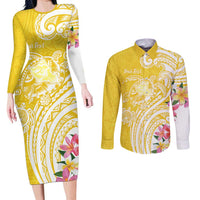 Aloha Oahu Island Personalized Couples Matching Long Sleeve Bodycon Dress and Long Sleeve Button Shirt Yellow Dreamy Turtle LT7 Yellow - Polynesian Pride