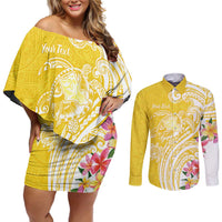 Aloha Oahu Island Personalized Couples Matching Off Shoulder Short Dress and Long Sleeve Button Shirt Yellow Dreamy Turtle