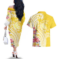 Aloha Oahu Island Personalized Couples Matching Off The Shoulder Long Sleeve Dress and Hawaiian Shirt Yellow Dreamy Turtle