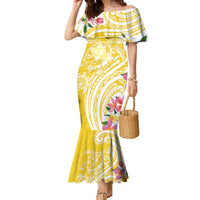 Aloha Oahu Island Personalized Family Matching Mermaid Dress and Hawaiian Shirt Yellow Dreamy Turtle