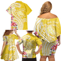 Aloha Oahu Island Personalized Family Matching Off Shoulder Short Dress and Hawaiian Shirt Yellow Dreamy Turtle