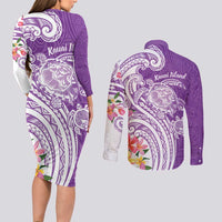 Aloha Kauai Island Personalized Couples Matching Long Sleeve Bodycon Dress and Long Sleeve Button Shirt Lilac Dreamy Turtle LT7 - Polynesian Pride