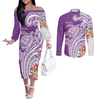 Aloha Kauai Island Personalized Couples Matching Off The Shoulder Long Sleeve Dress and Long Sleeve Button Shirt Lilac Dreamy Turtle LT7 Lilac - Polynesian Pride