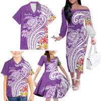 Aloha Kauai Island Personalized Family Matching Off The Shoulder Long Sleeve Dress and Hawaiian Shirt Lilac Dreamy Turtle