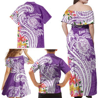 Aloha Kauai Island Personalized Family Matching Off Shoulder Maxi Dress and Hawaiian Shirt Lilac Dreamy Turtle