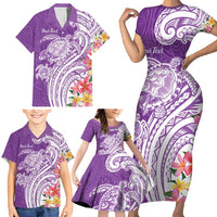 Aloha Kauai Island Personalized Family Matching Short Sleeve Bodycon Dress and Hawaiian Shirt Lilac Dreamy Turtle