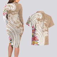 Aloha Ni’ihau Island Personalized Couples Matching Long Sleeve Bodycon Dress and Hawaiian Shirt Beige Dreamy Turtle