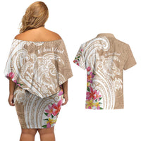 Aloha Ni’ihau Island Personalized Couples Matching Off Shoulder Short Dress and Hawaiian Shirt Beige Dreamy Turtle