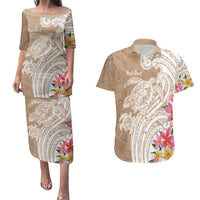 Aloha Ni’ihau Island Personalized Couples Matching Puletasi and Hawaiian Shirt Beige Dreamy Turtle