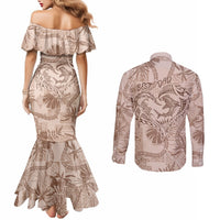 Hawaii Father's Day Vintage Lei Couples Matching Mermaid Dress and Long Sleeve Button Shirt Hauoli la Makuakane - Beige