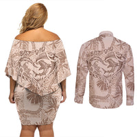 Hawaii Father's Day Vintage Lei Couples Matching Off Shoulder Short Dress and Long Sleeve Button Shirt Hauoli la Makuakane - Beige