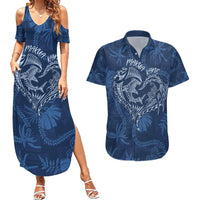 Hawaii Father's Day Vintage Lei Couples Matching Summer Maxi Dress and Hawaiian Shirt Hauoli la Makuakane - Blue