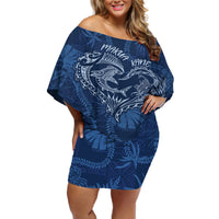 Hawaii Father's Day Vintage Lei Off Shoulder Short Dress Hauoli la Makuakane - Blue LT7 Women Blue - Polynesian Pride