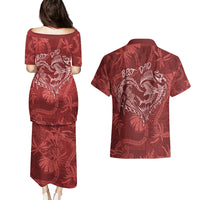 Hawaii Father's Day Vintage Lei Couples Matching Puletasi and Hawaiian Shirt Hauoli la Makuakane - Red