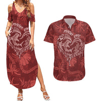Hawaii Father's Day Vintage Lei Couples Matching Summer Maxi Dress and Hawaiian Shirt Hauoli la Makuakane - Red