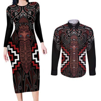 Maori Taiaha Whakairo Personalized Couples Matching Long Sleeve Bodycon Dress and Long Sleeve Button Shirt Red Poutama Motifs LT7 Red - Polynesian Pride