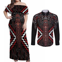 Maori Taiaha Whakairo Personalized Couples Matching Off Shoulder Maxi Dress and Long Sleeve Button Shirt Red Poutama Motifs LT7 Red - Polynesian Pride