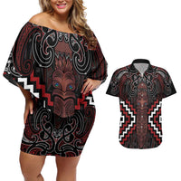 Maori Taiaha Whakairo Personalized Couples Matching Off Shoulder Short Dress and Hawaiian Shirt Red Poutama Motifs LT7 Red - Polynesian Pride