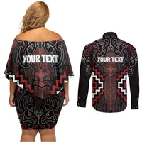 Maori Taiaha Whakairo Personalized Couples Matching Off Shoulder Short Dress and Long Sleeve Button Shirt Red Poutama Motifs LT7 - Polynesian Pride