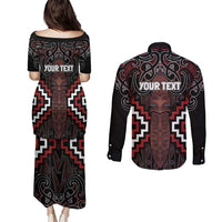 Maori Taiaha Whakairo Personalized Couples Matching Puletasi and Long Sleeve Button Shirt Red Poutama Motifs