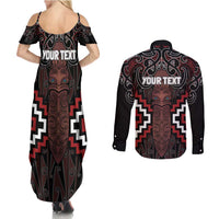 Maori Taiaha Whakairo Personalized Couples Matching Summer Maxi Dress and Long Sleeve Button Shirt Red Poutama Motifs LT7 - Polynesian Pride