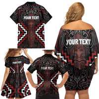 Maori Taiaha Whakairo Personalized Family Matching Off Shoulder Short Dress and Hawaiian Shirt Red Poutama Motifs
