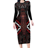 Maori Taiaha Whakairo Personalized Long Sleeve Bodycon Dress Red Poutama Motifs