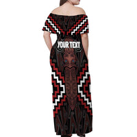 Maori Taiaha Whakairo Personalized Off Shoulder Maxi Dress Red Poutama Motifs