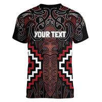 Maori Taiaha Whakairo Personalized Women V-Neck T-Shirt Red Poutama Motifs LT7 - Polynesian Pride