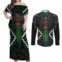 Maori Taiaha Pounamu Whakairo Personalized Couples Matching Off Shoulder Maxi Dress and Long Sleeve Button Shirt Jade Poutama Motifs LT7 Jade - Polynesian Pride