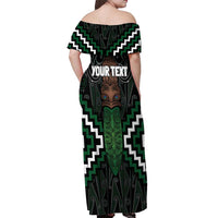 Maori Taiaha Pounamu Whakairo Personalized Off Shoulder Maxi Dress Jade Poutama Motifs