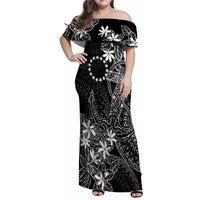 Black Kuki Airani Tapakau Family Matching Off Shoulder Maxi Dress and Hawaiian Shirt Tribal Anchor Mix Tiare LT7 Mom's Dress Black - Polynesian Pride
