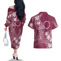 Maroon Kuki Airani Tapakau Couples Matching Off The Shoulder Long Sleeve Dress and Hawaiian Shirt Tribal Anchor Mix Tiare LT7 - Polynesian Pride