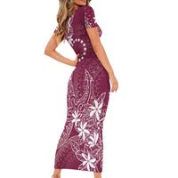 Maroon Kuki Airani Tapakau Short Sleeve Bodycon Dress Tribal Anchor Mix Tiare LT7 - Polynesian Pride