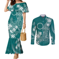 Teal Kuki Airani Tapakau Couples Matching Mermaid Dress and Long Sleeve Button Shirt Tribal Anchor Mix Tiare LT7 Teal - Polynesian Pride