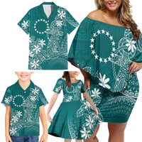 Teal Kuki Airani Tapakau Family Matching Off Shoulder Short Dress and Hawaiian Shirt Tribal Anchor Mix Tiare LT7 - Polynesian Pride