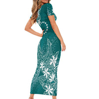 Teal Kuki Airani Tapakau Short Sleeve Bodycon Dress Tribal Anchor Mix Tiare LT7 - Polynesian Pride