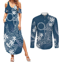 Navy Kuki Airani Tapakau Couples Matching Summer Maxi Dress and Long Sleeve Button Shirt Tribal Anchor Mix Tiare LT7 Navy - Polynesian Pride