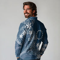 Navy Kuki Airani Tapakau Long Sleeve Polo Shirt Tribal Anchor Mix Tiare LT7 - Polynesian Pride