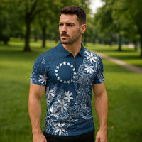 Navy Kuki Airani Tapakau Zipper Polo Shirt Tribal Anchor Mix Tiare LT7 - Polynesian Pride