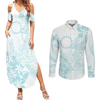 Turquoise Kuki Airani Tapakau Couples Matching Summer Maxi Dress and Long Sleeve Button Shirt Tribal Anchor Mix Tiare LT7 Turquoise - Polynesian Pride