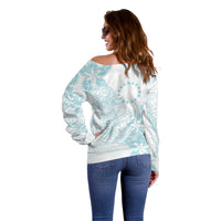 Turquoise Kuki Airani Tapakau Off Shoulder Sweater Tribal Anchor Mix Tiare