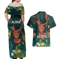 Hawaii Hula Girl Vintage Couples Matching Off Shoulder Maxi Dress and Hawaiian Shirt Tropical Forest