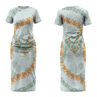 Hawaii Kaho'olawe Island Flowers Lei Couples Matching Short Sleeve Bodycon Dress and Hawaiian Shirt Silver Hinahina Kū Kahakai
