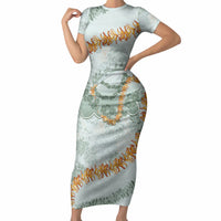 Hawaii Kaho'olawe Island Flowers Lei Short Sleeve Bodycon Dress Silver Hinahina Kū Kahakai