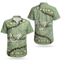 Hawaii Molokai Island Flowers Lei Couples Matching Off Shoulder Maxi Dress and Hawaiian Shirt Kukui Nut Mossy Green