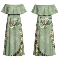 Hawaii Molokai Island Flowers Lei Couples Matching Off Shoulder Maxi Dress and Long Sleeve Button Shirt Kukui Nut Mossy Green