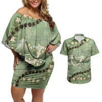 Hawaii Molokai Island Flowers Lei Couples Matching Off Shoulder Short Dress and Hawaiian Shirt Kukui Nut Mossy Green